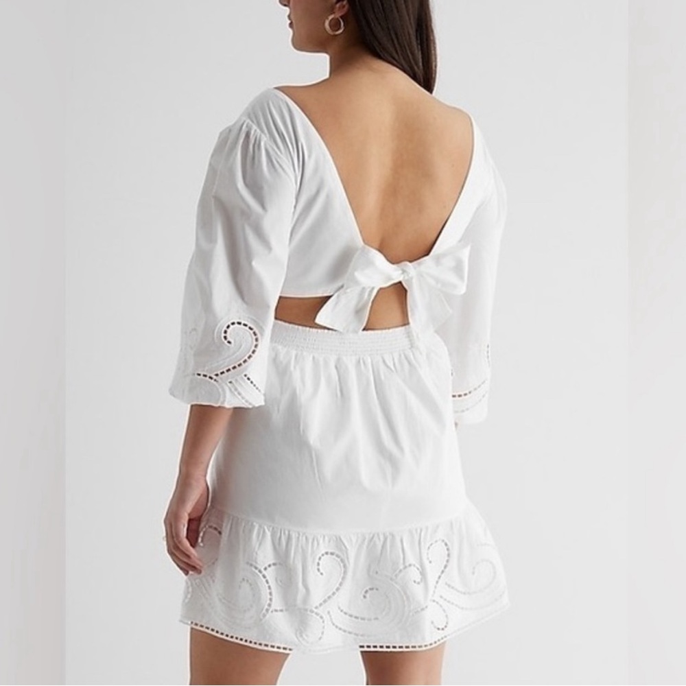 Embroidered Eyelet V-Neck Tie Back Poplin Mini Dress NWOT - Picture 2 of 3